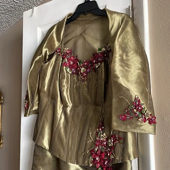 Rose Taft Mother of the Bride two-piece gown W BOLERO OLIVE BURGUNDY BEAD Custom